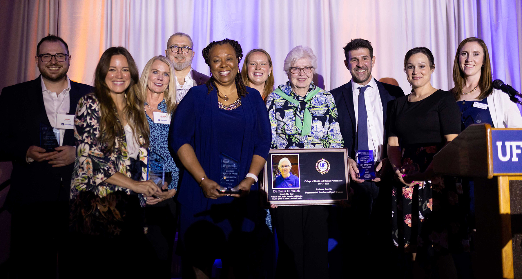 The spring award honorees included (from left) Tyler Endebrock, Raquel Braun, Michele Moore, Brian Carwile, Trivel McKire, Kelsey Garrison, Paula Welch, Stephen Coombes, Anna Gardner and Jenny Neelands.