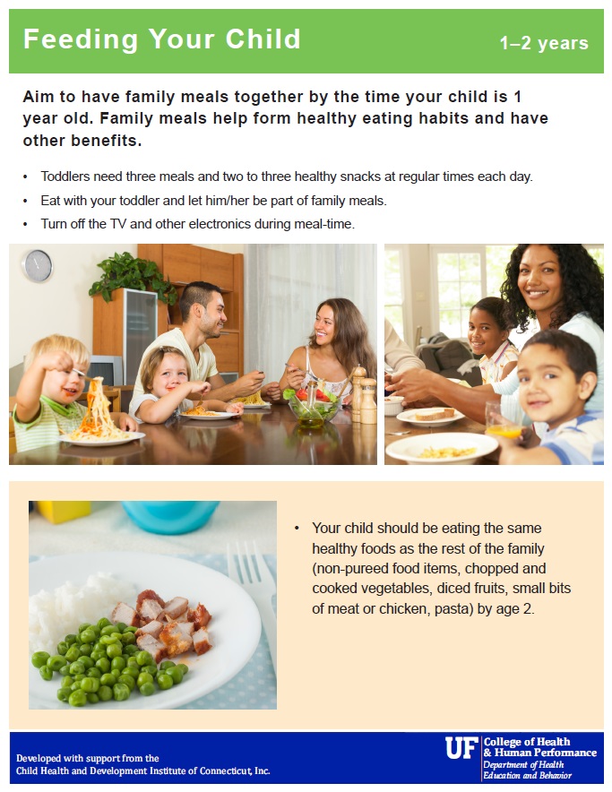 Informational poster for "Feeding Your Child" about aiming to have meals together. More information available